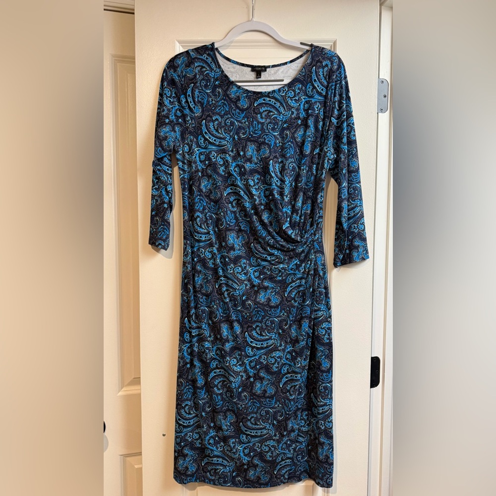 Women's Blue Paisley Long Sleeve Faux-Wrap Dress